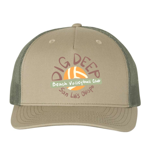 Dig Deep Circle Logo Five Panel Trucker - Khaki/Loden Green