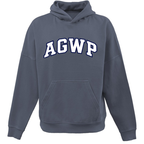 Navy Mist Cascade Saltwash Hoodie with white and navy AGWP collegiate lettering on the front