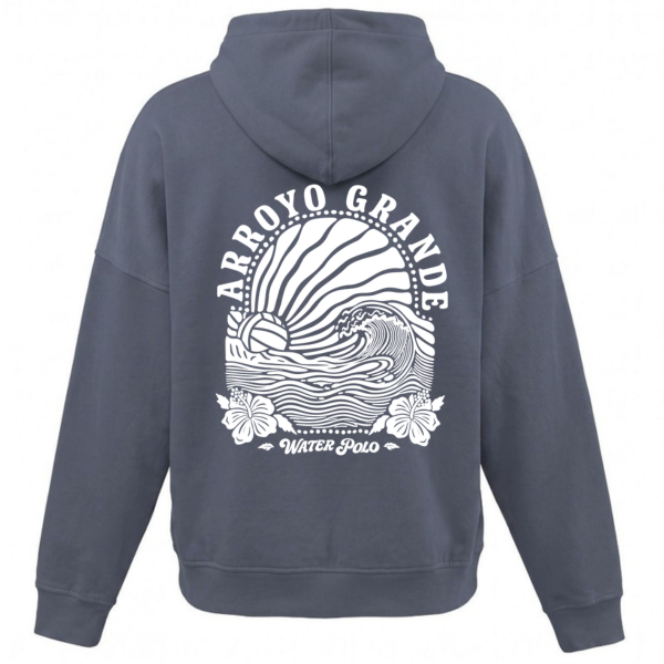 Navy Mist Cascade Saltwash Hoodie with large white AGWP Sun Rays graphic on back