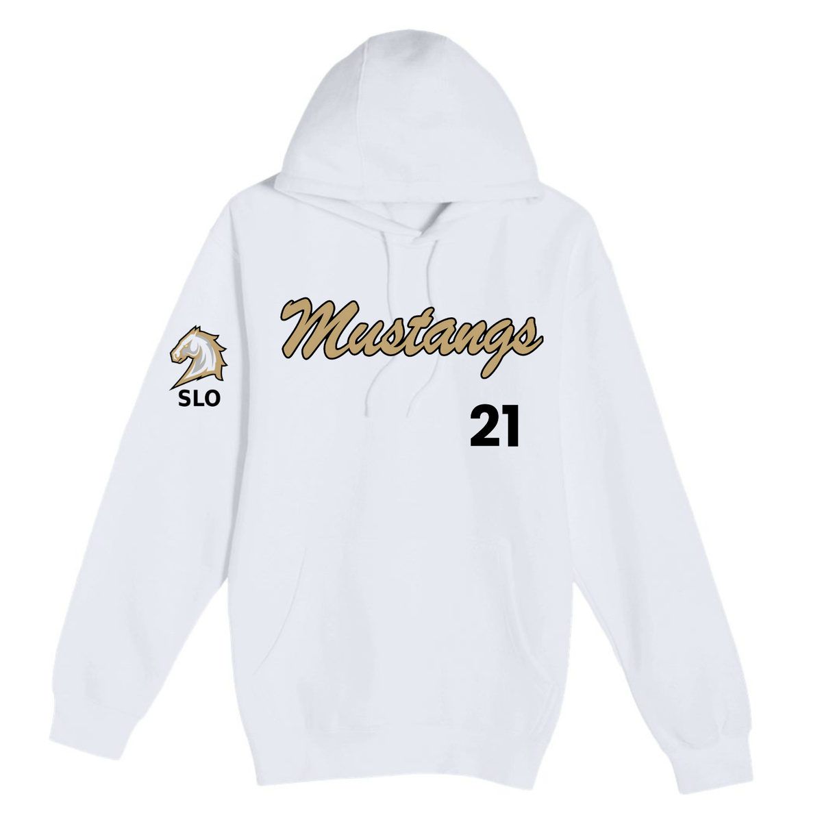 Custom Number Mustang Baseball Cursive Logo Hoodie - White