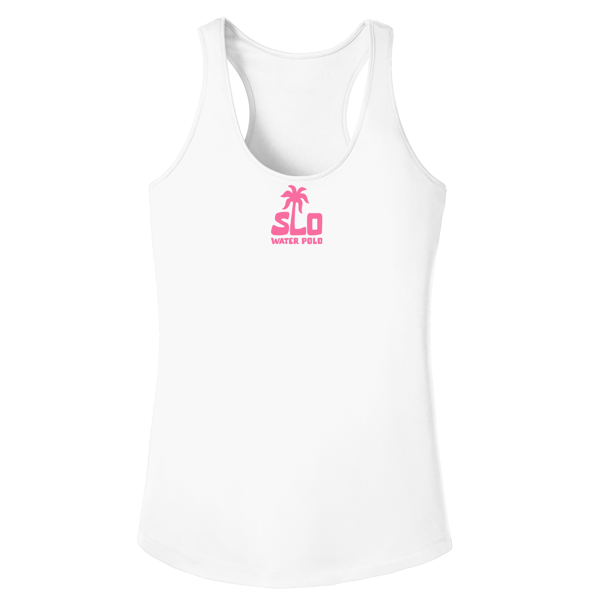 Women's SLO Polo Dri Fit Pink Palm Tree Racerback Tank - White
