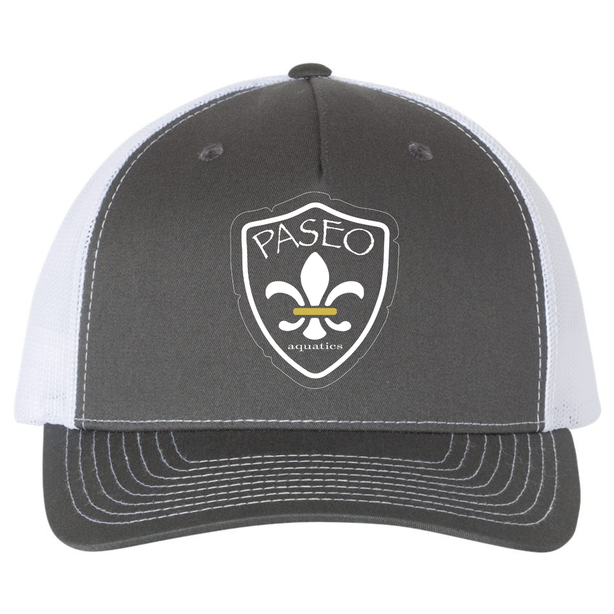 Paseo Aquatics White Logo Richardson 5 Panel Trucker - Charcoal/White