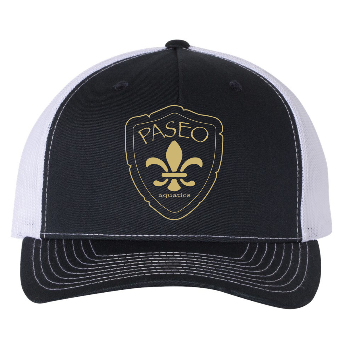 Paseo Aquatics Gold Logo Richardson 5 Panel Trucker - Navy/White