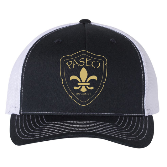 Paseo Aquatics Gold Logo Richardson 5 Panel Trucker - Navy/White