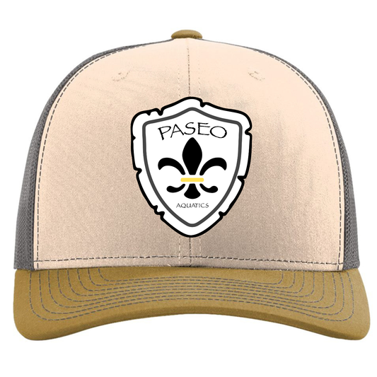 Paseo Aquatics Richardson 5 Panel Premium Patch Trucker - Mink/Charcoal/Amber