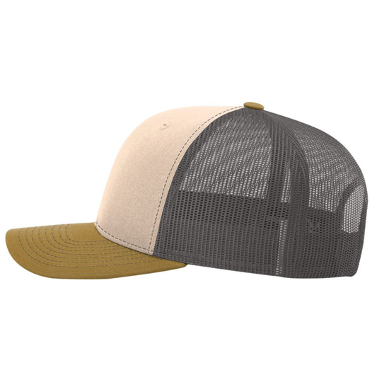 Paseo Aquatics Richardson 5 Panel Premium Patch Trucker - Mink/Charcoal/Amber