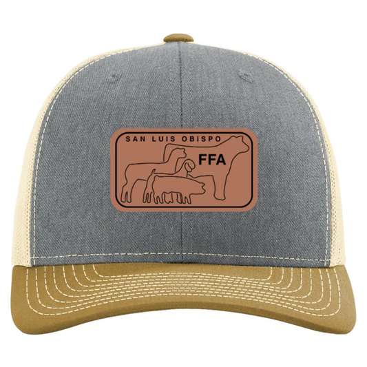 SLO FFA Leather Patch Richardson Trucker Hat - Heather Grey/Birch/Amber Gold