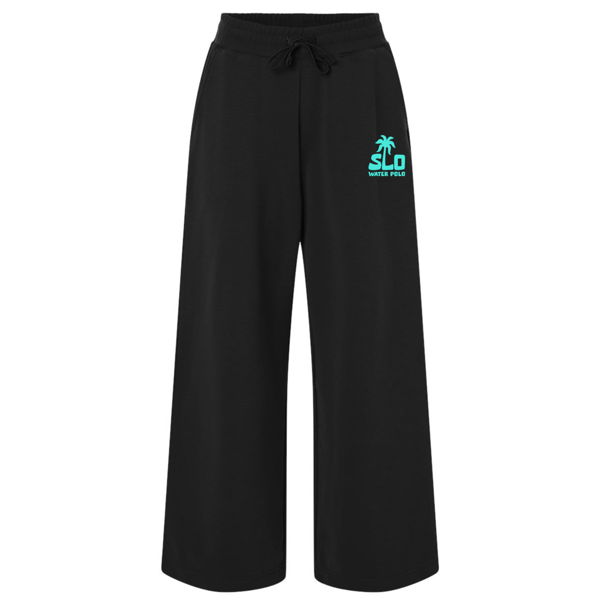Women's SLO Polo Turquoise Palm Tree French Terry Wide Leg Pant - Black