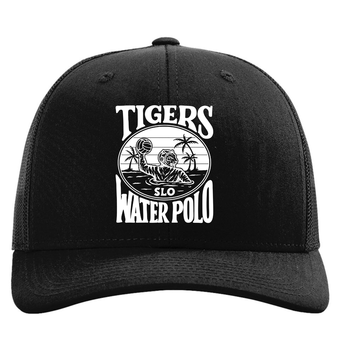 SLO Polo Tiger (White Ink) Polo 5 Panel Trucker - Black/Black