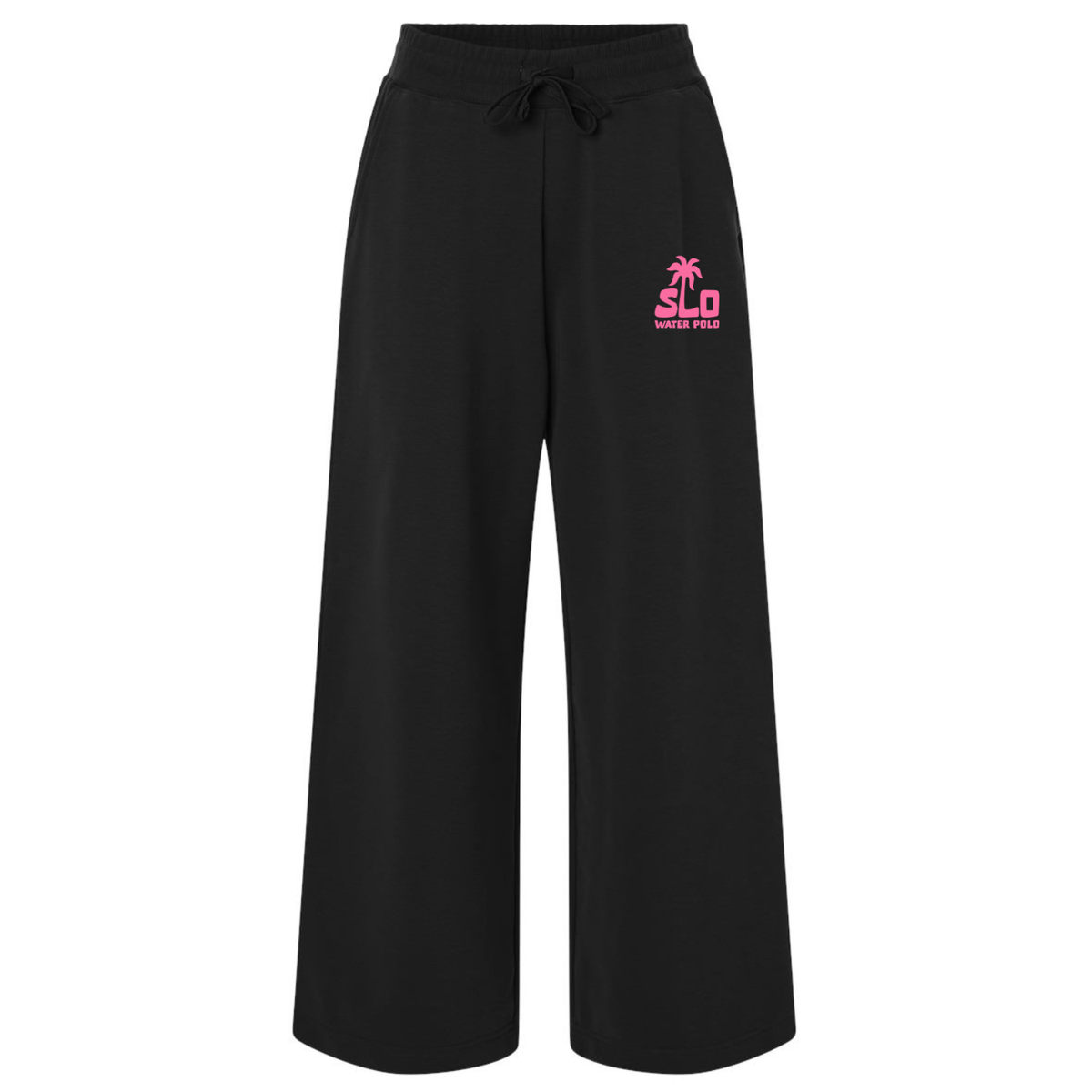 Women's SLO Polo Pink Palm Tree French Terry Wide Leg Pant - Black