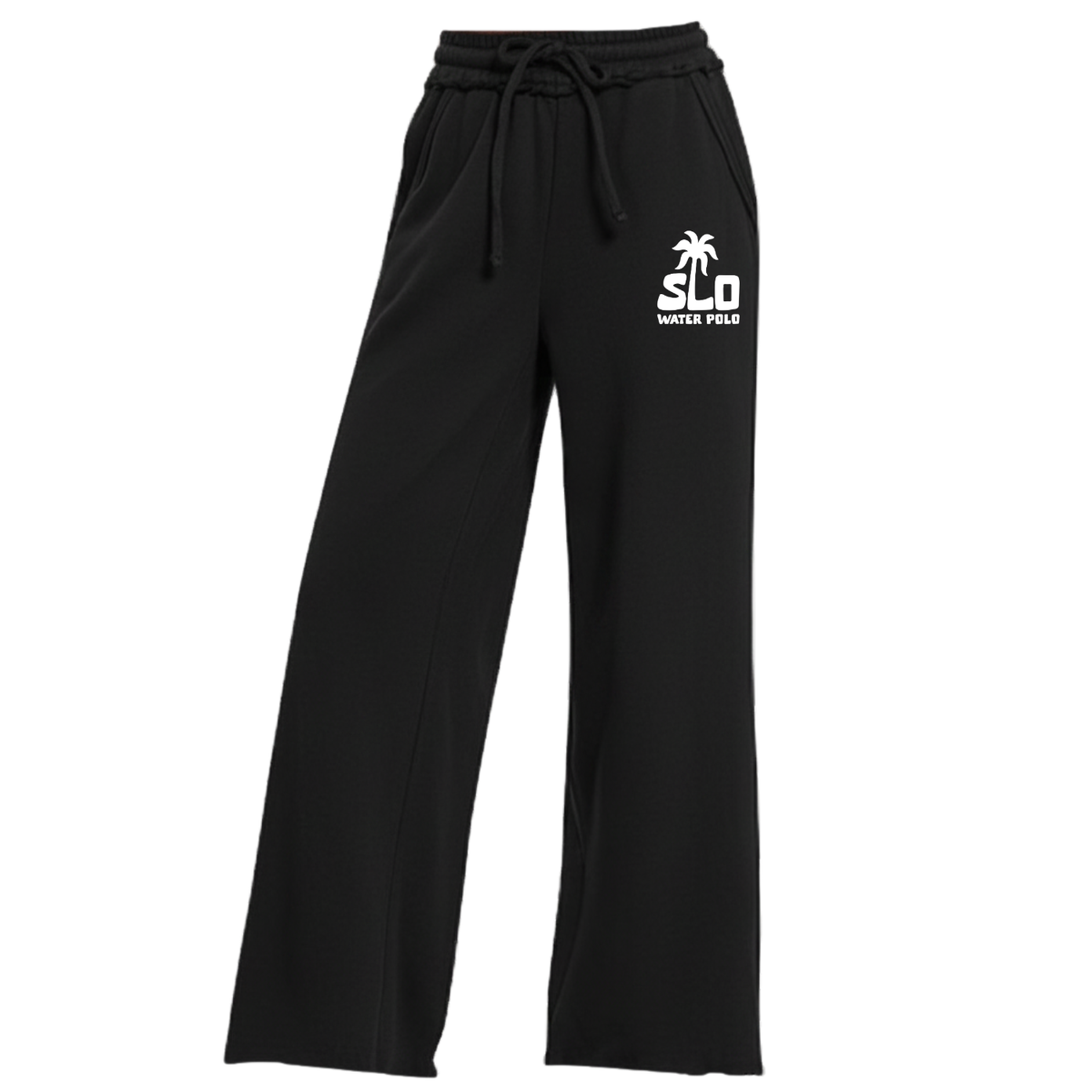 Women's SLO Polo White Palm Tree Fleece Wide Leg Pant - Black