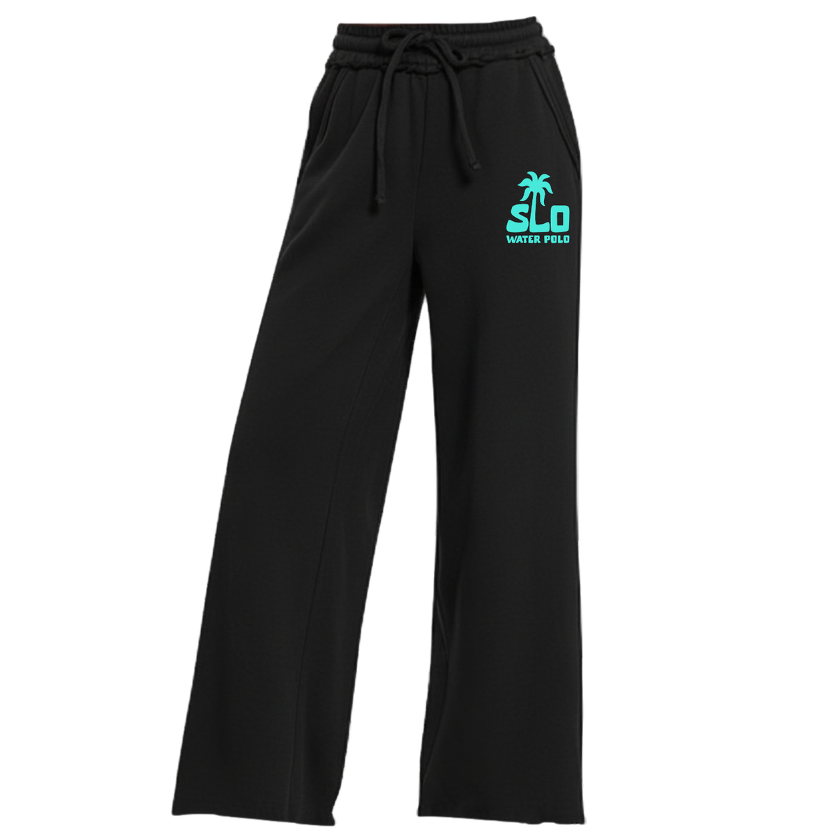 Women's SLO Polo Turquoise Palm Tree Fleece Wide Leg Pant - Black