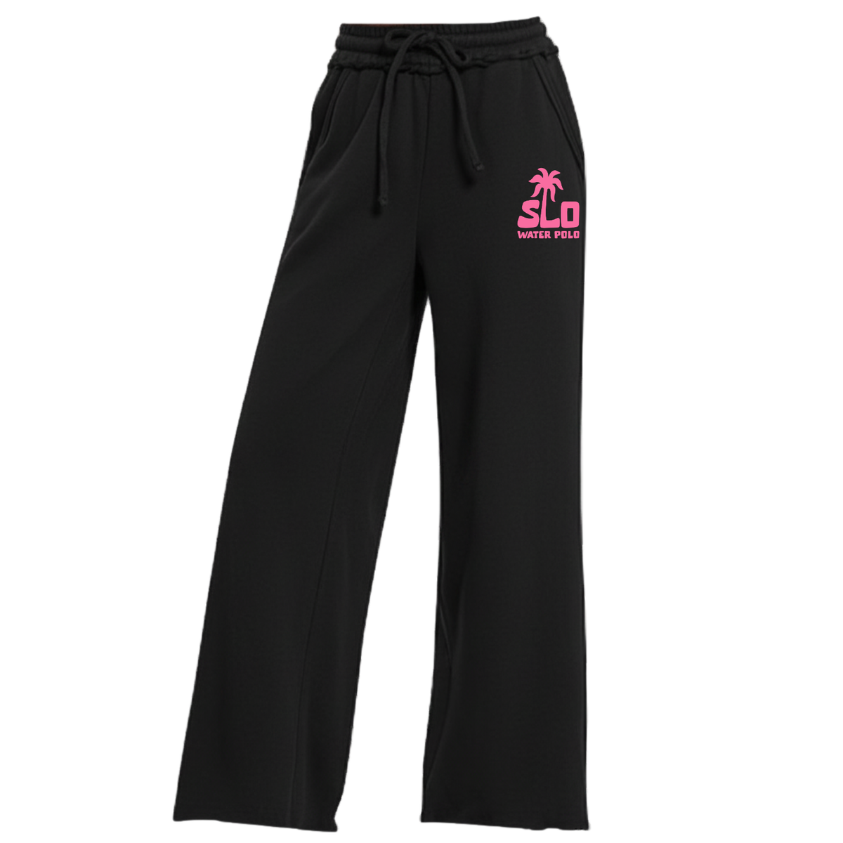 Women's SLO Polo Pink Palm Tree Fleece Wide Leg Pant - Black