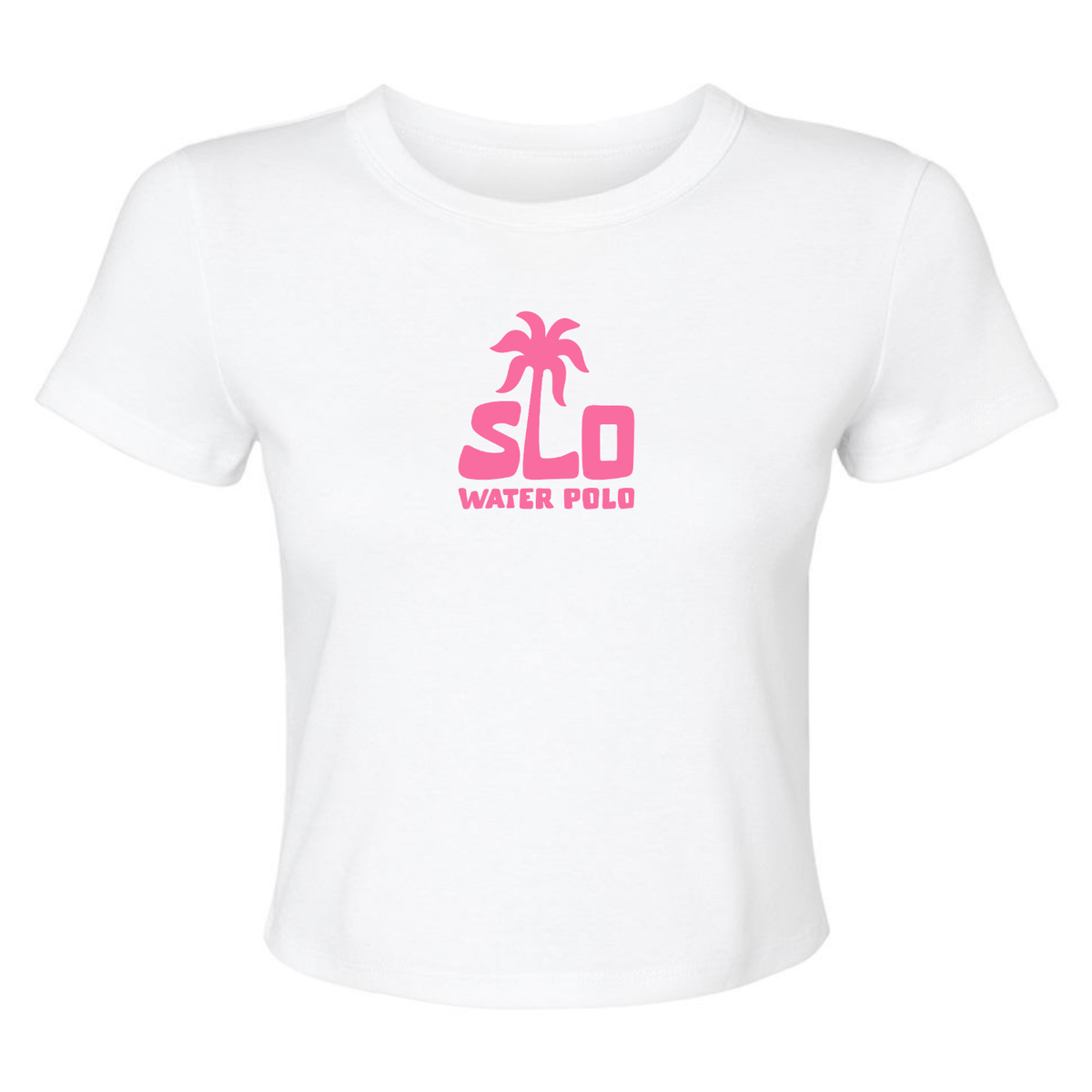 Women's SLO Polo Pink Palm Tree Micro Rib Baby Tee - White