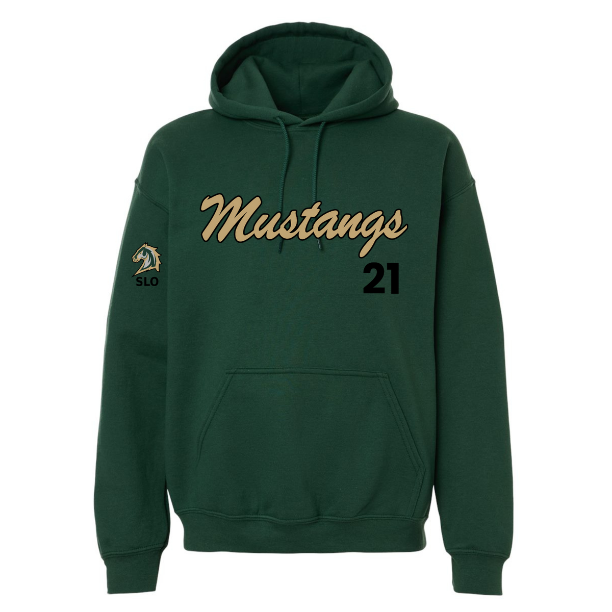Custom Number Mustang Baseball Cursive Logo Hoodie - Fan Dark Green