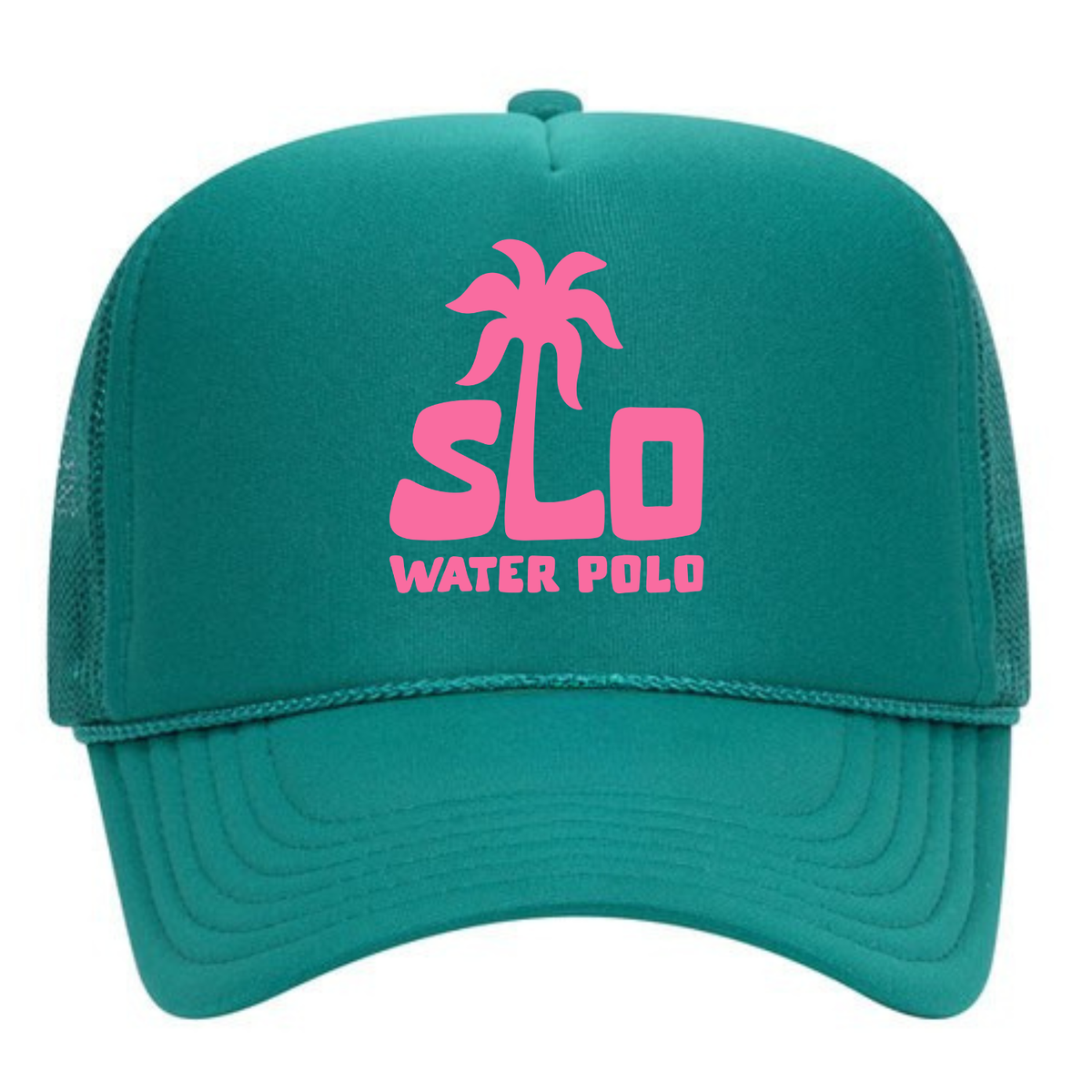 SLO Water Polo Pink Palm Tree Foam Trucker - Teal