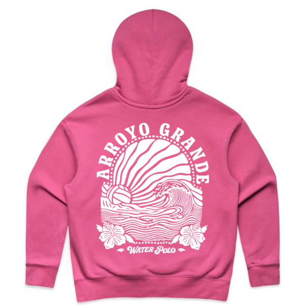 Charity Pink women's Relax Hoodie with large white AGWP Sun Rays graphic on back