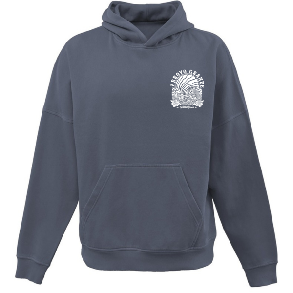 Navy Mist Cascade Saltwash Hoodie with white AGWP Sun Rays graphic on left chest